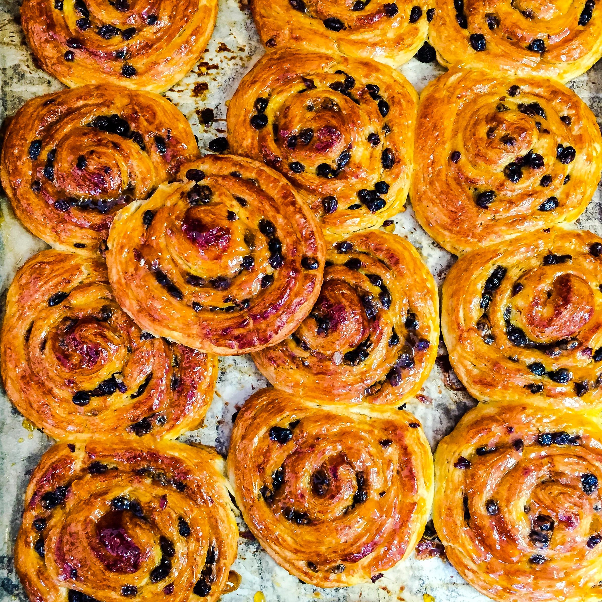 Tray of freshly baked spiral buns